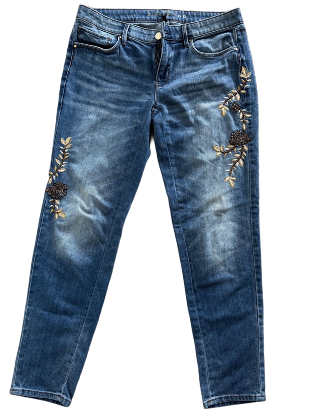 White House Black Market Women's Girlfriend Jeans in Blue with Gold Embroidery